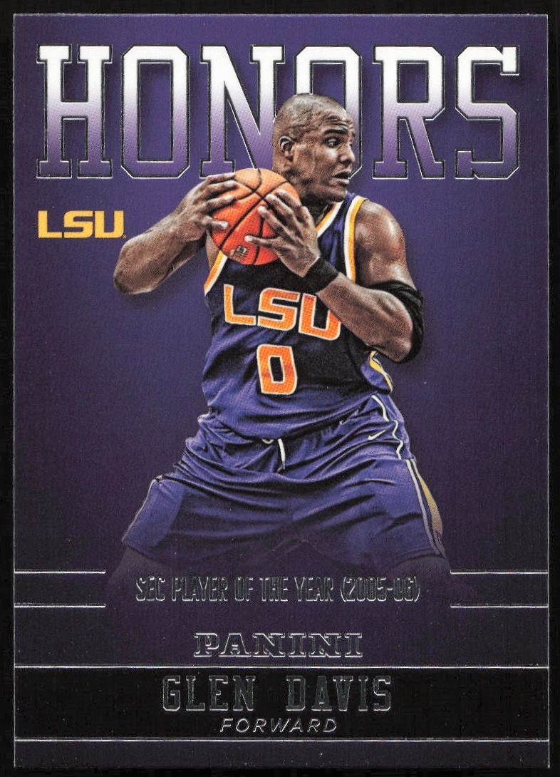 2015 Panini trading card of Glen Davis in LSU uniform, showcasing his achievements and honors.