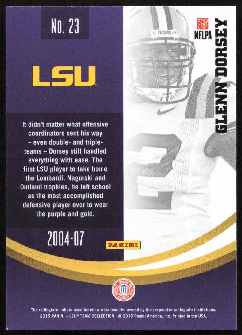 Back of 2015 Panini card showing LSUs Glenn Dorsey with stats and highlights.