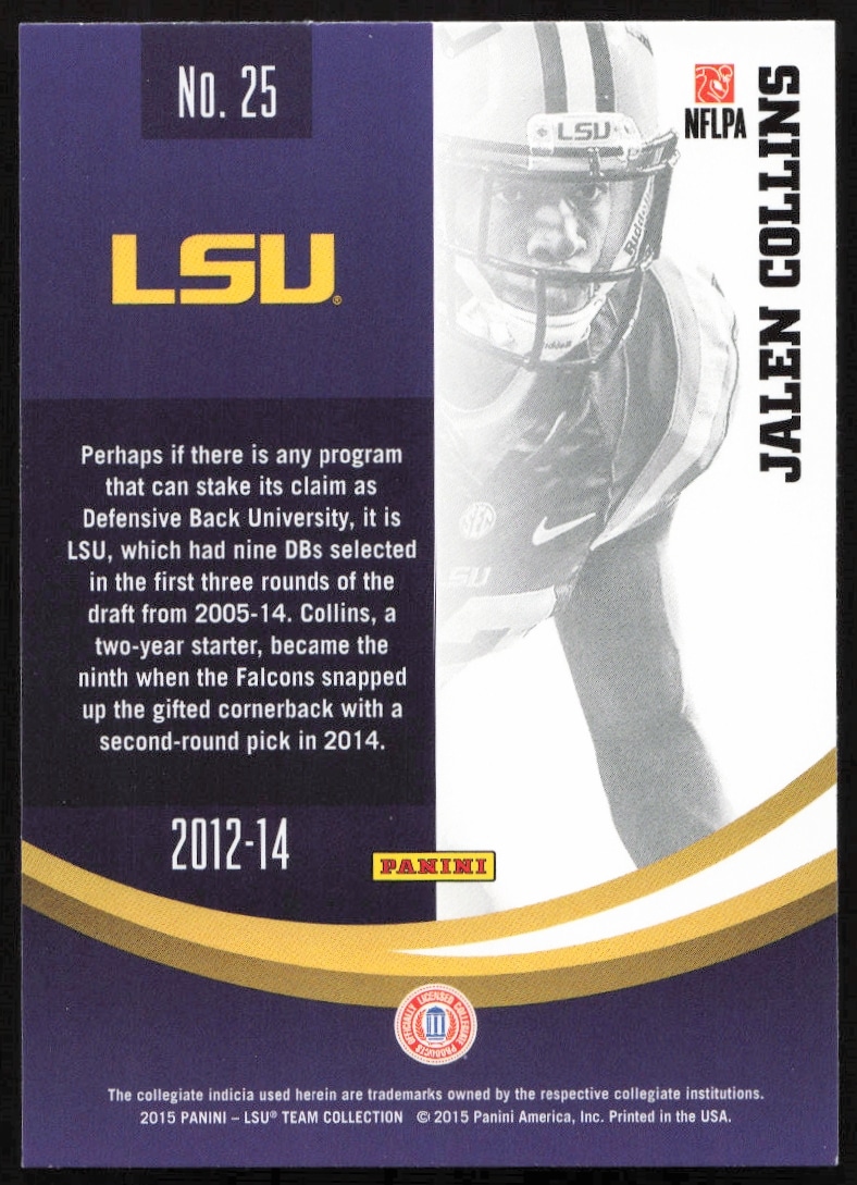 Back of Jalen Collins 2015 LSU Tigers card with stats and highlights, card #25.