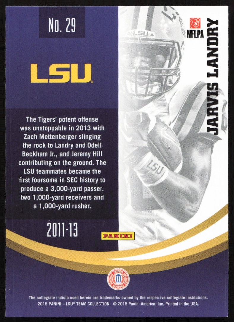 Back of 2015 Panini Jarvis Landry LSU card, featuring college stats and highlights.