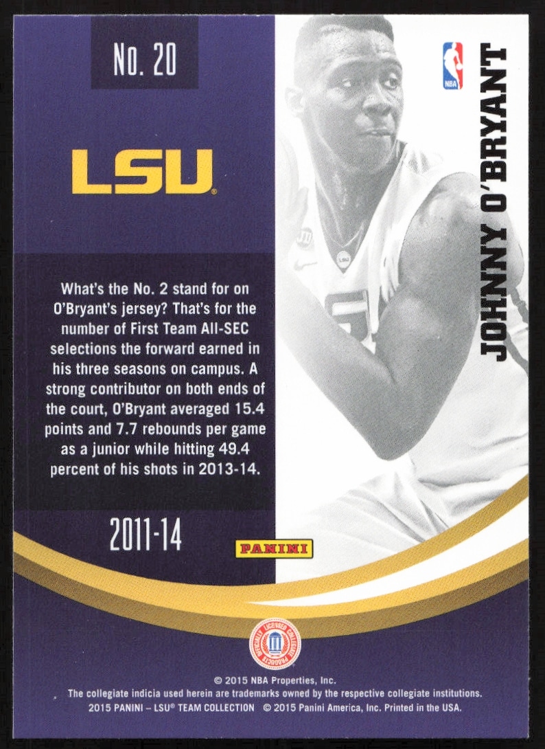 Back of Johnny OBryants 2015 Panini LSU Tigers card showcasing stats and career highlights.