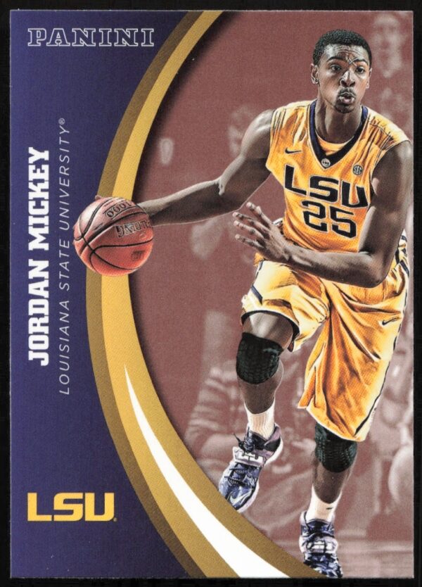 2015 Panini card of LSU Tigers Jordan Mickey #24 in uniform, showcasing his basketball legacy.