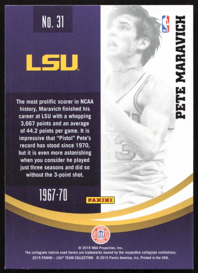 Back of 2015 Panini LSU Tigers card, featuring Pete Maravichs stats and biography.