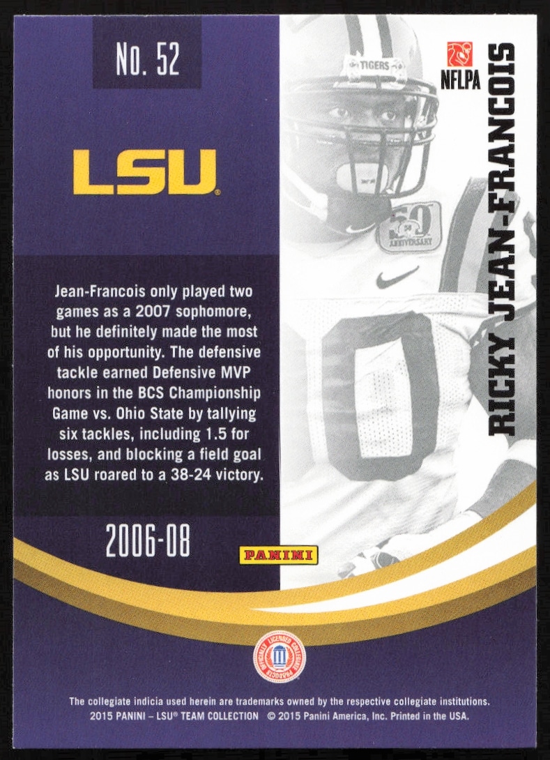 LSU Tigers Ricky Jean-Francois 2015 Panini Card Back with stats and biography.