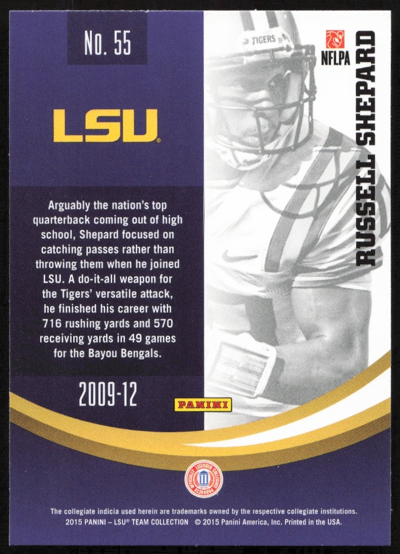 Back of 2015 Panini card: LSU Tigers Russell Shepard, stats, and bio. Card #55.
