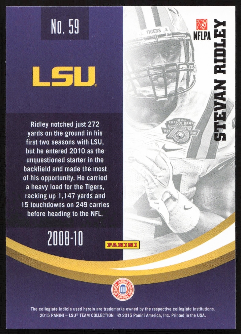 2015 Panini LSU Tigers Stevan Ridley card back with stats and player info.