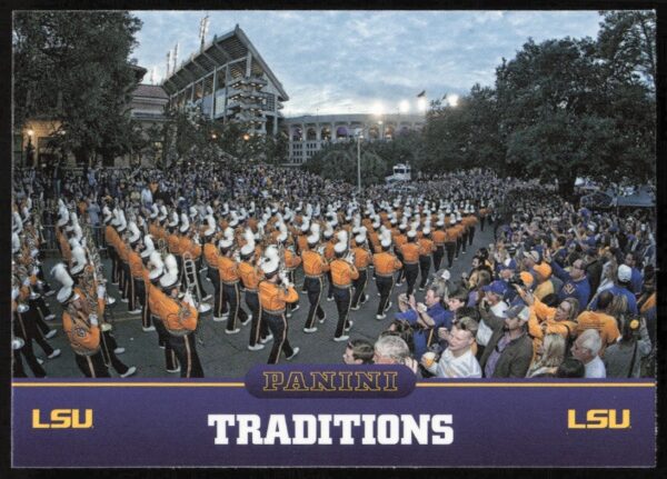 Front of 2015 Panini LSU Tigers Traditions Card #10 featuring LSU logo and team colors.