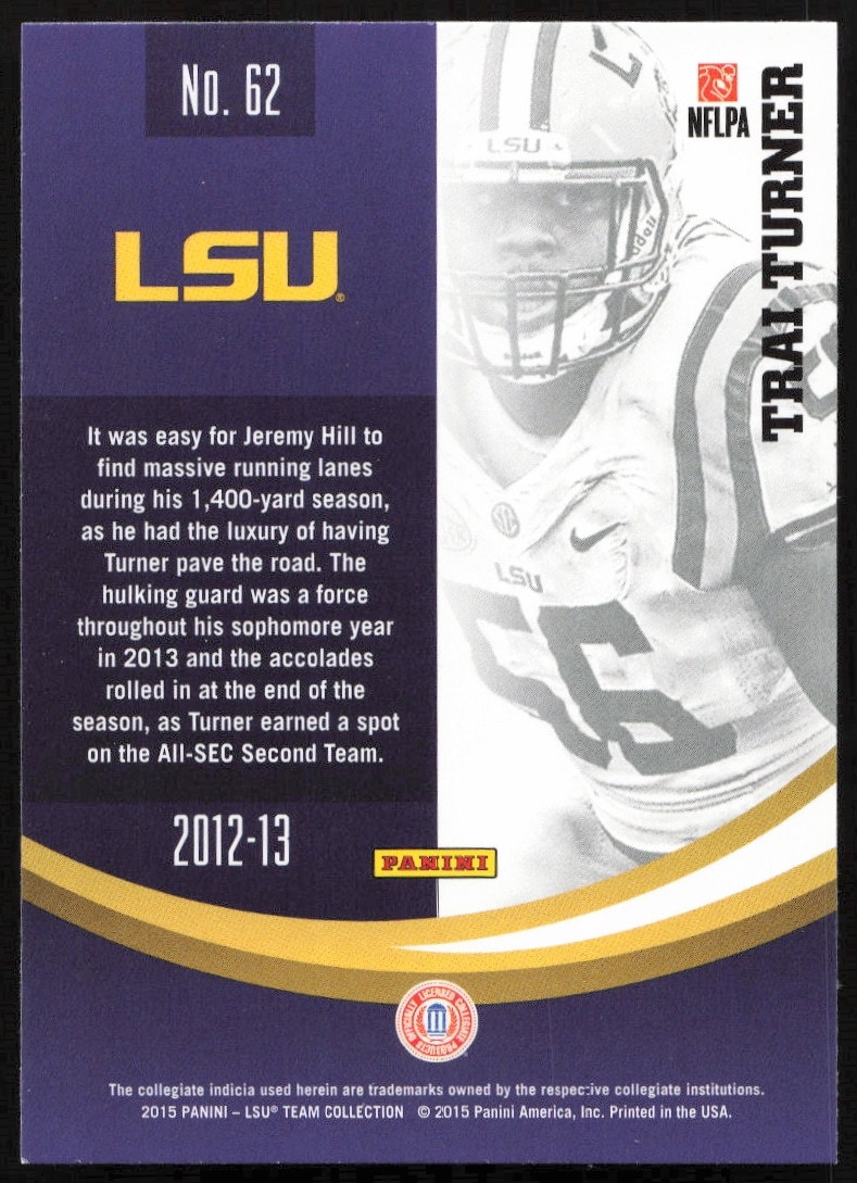 Back of 2015 Panini LSU Tigers card featuring Trai Turner, highlighting stats and player profile.
