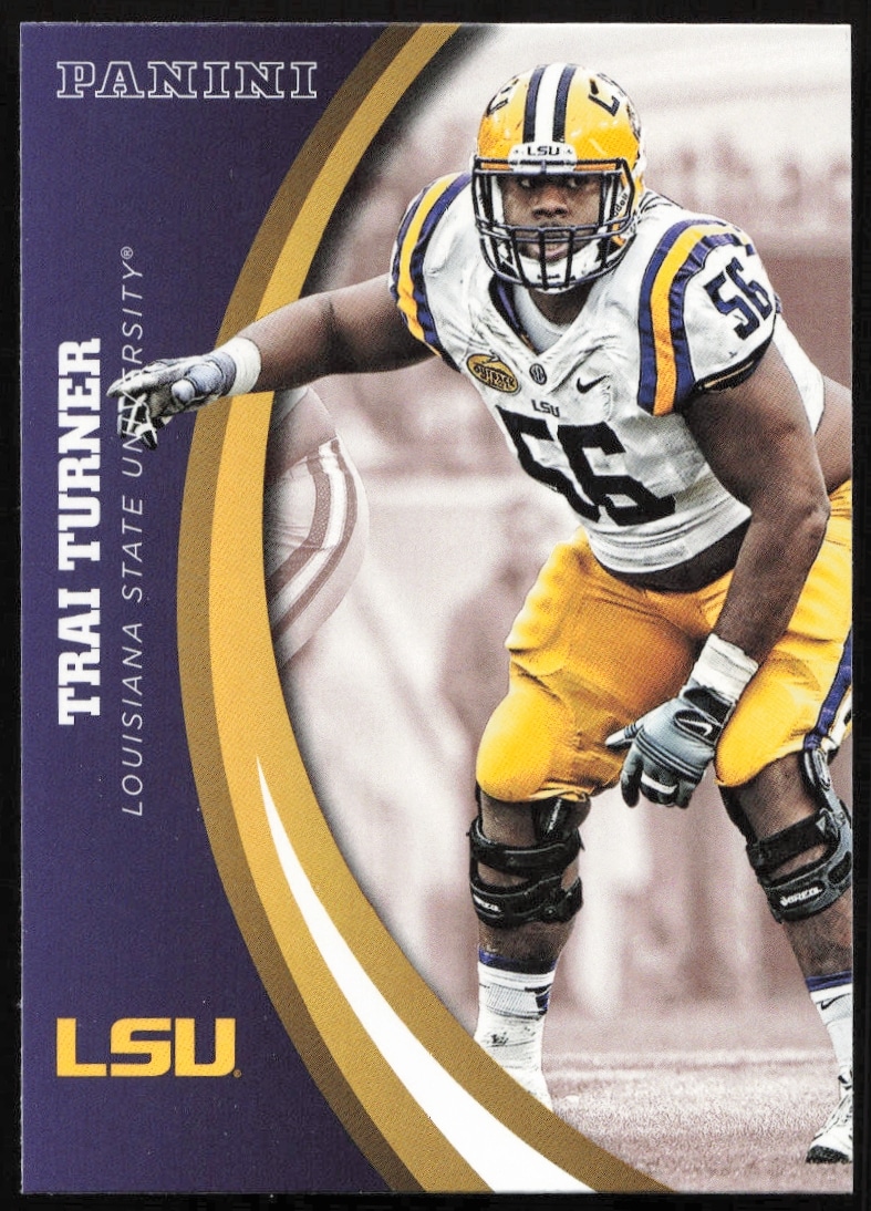 Front of 2015 Panini LSU Tigers trading card featuring Trai Turner, card #62.