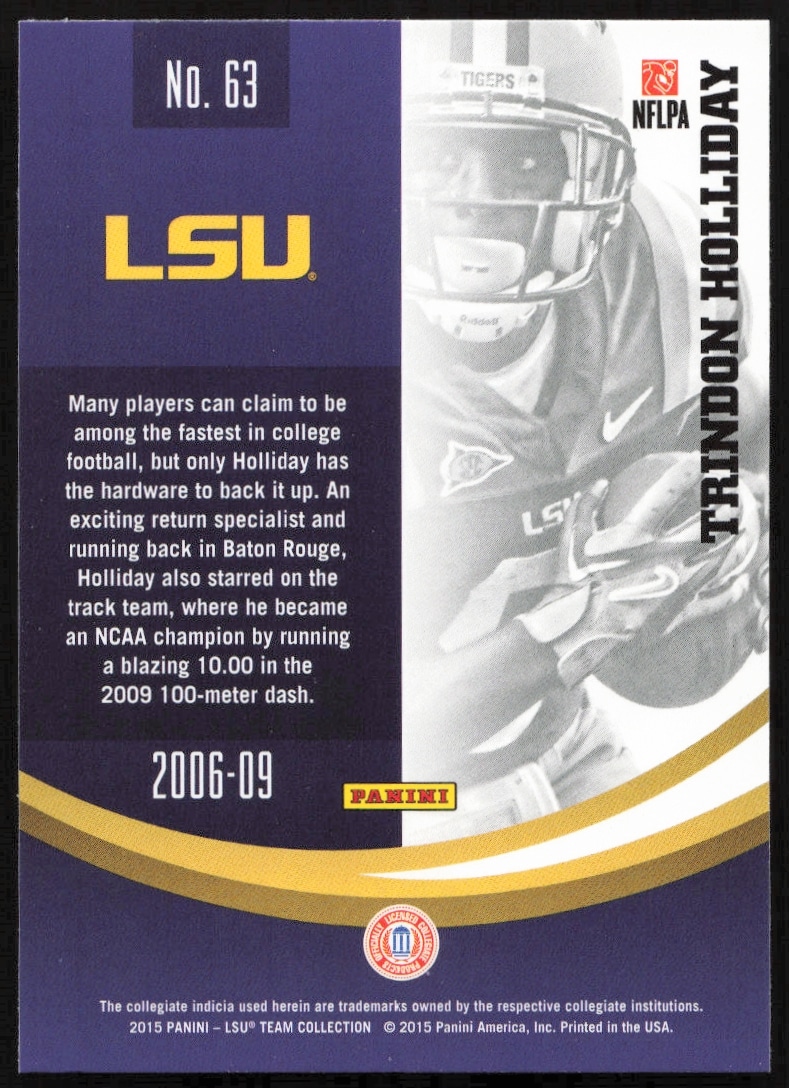 Back of 2015 Panini LSU Tigers Trindon Holliday trading card, highlighting player stats.
