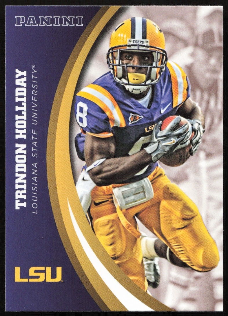 Front view of 2015 LSU Tigers Panini card #63 featuring Trindon Holliday.