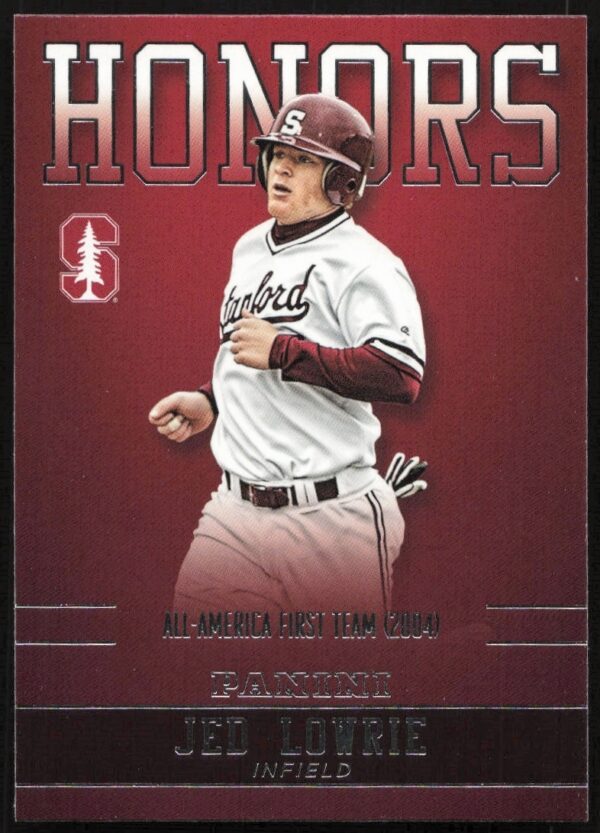Jed Lowrie 2015 Stanford Honors baseball card, Panini #JL-STA, showcasing college achievements.