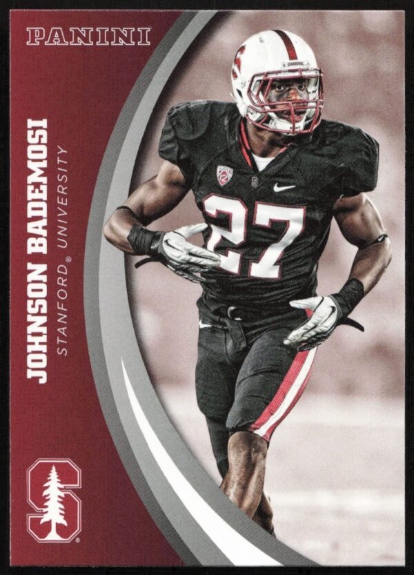 Panini 2015 trading card of Stanfords Johnson Bademosi, #24, in football uniform.
