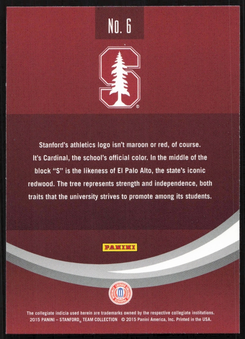 Back of 2015 Panini card: Stanford logo with red S and green tree.