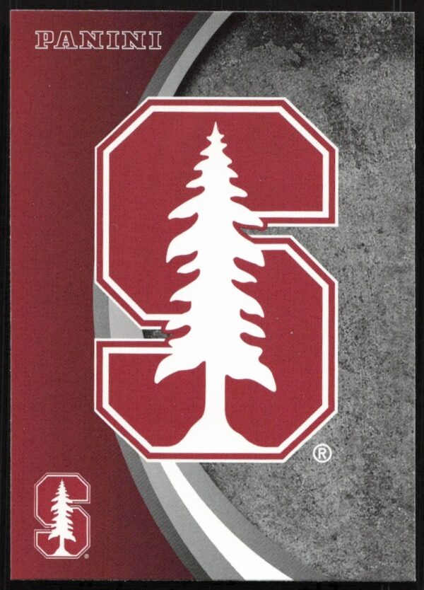 Stanford University logo card from 2015 Panini set featuring the iconic S and redwood tree.