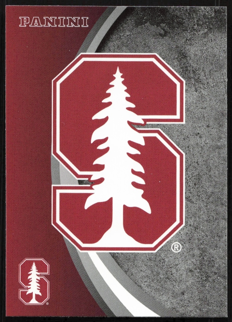 Stanford University logo card from 2015 Panini set featuring the iconic S and redwood tree.