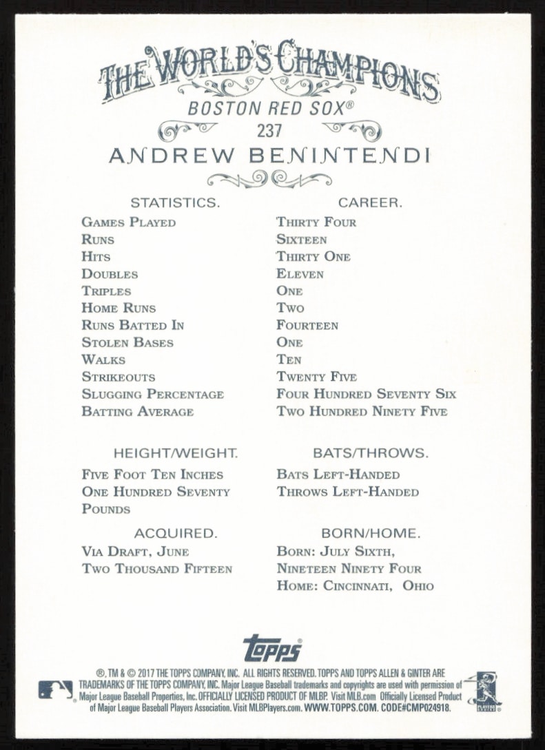 Back of 2017 Topps Allen & Ginter Andrew Benintendi card #237 with stats and career highlights.