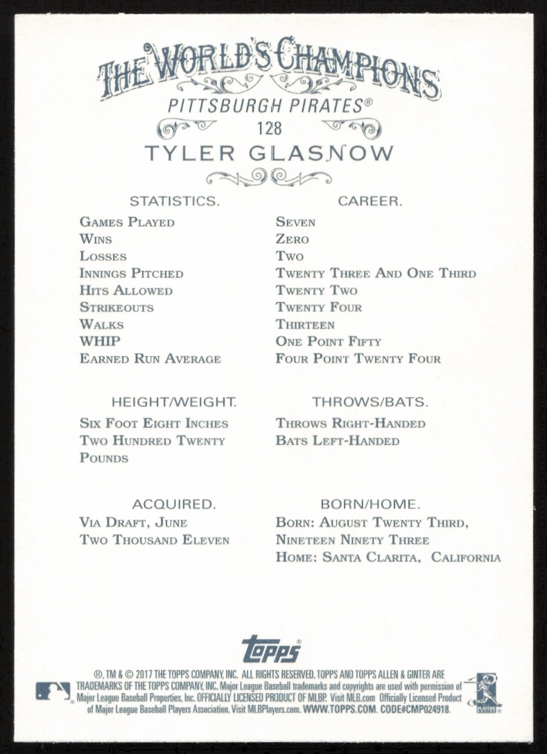 Back of 2017 Topps Allen & Ginter rookie card featuring Tyler Glasnow’s bio and stats.