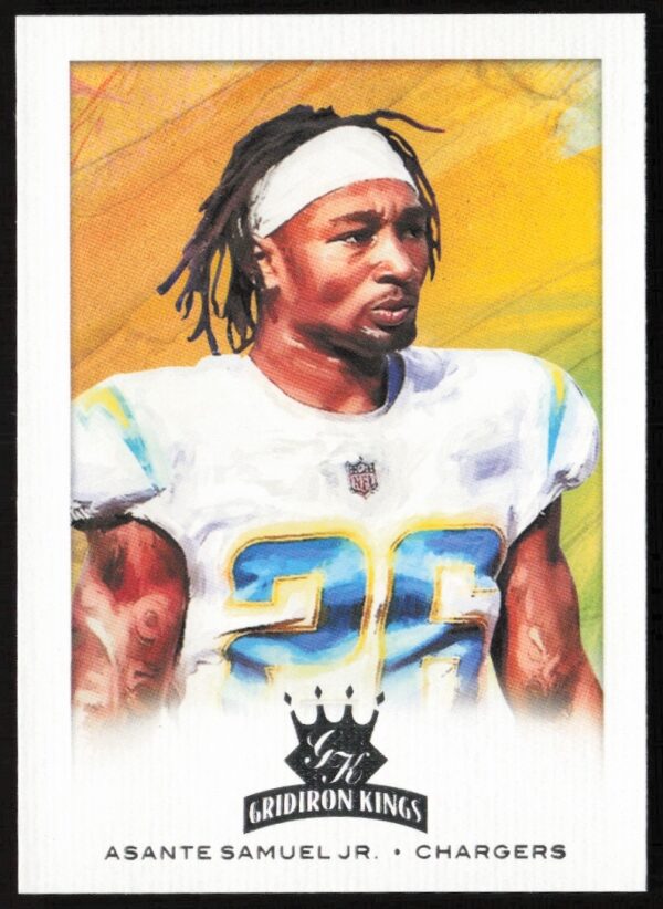 2021 Asante Samuel Jr. Gridiron Kings football card, vibrant illustration, defensive prowess.