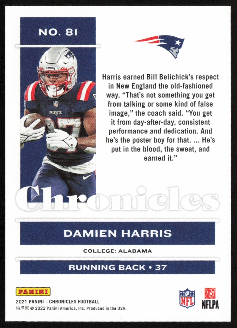 Back of 2021 Panini Chronicles Damien Harris card, #81, featuring stats and biography.