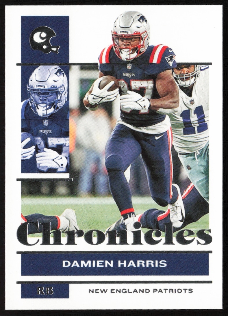 Damien Harris 2021 Panini Chronicles football card #81, front view in Patriots uniform.