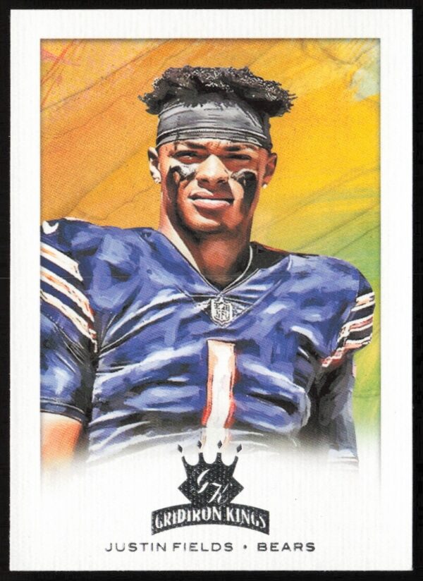 Justin Fields 2021 Gridiron Kings card, artistic portrayal in uniform, Panini Chronicles.