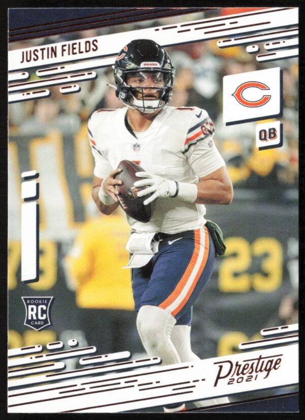 Justin Fields 2021 rookie card featuring Prestige Rookies Update design, Chicago Bears uniform.