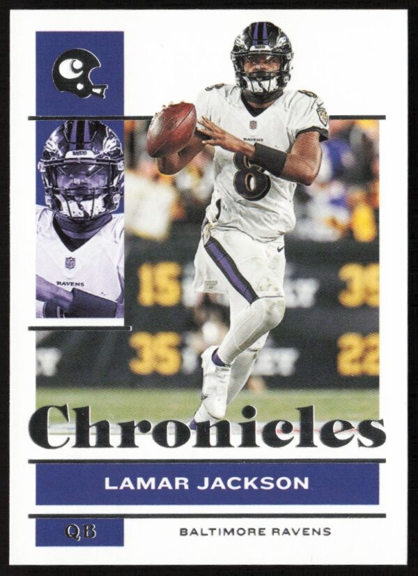 Lamar Jackson 2021 Panini Chronicles football card #7, showcasing star quarterback in action.