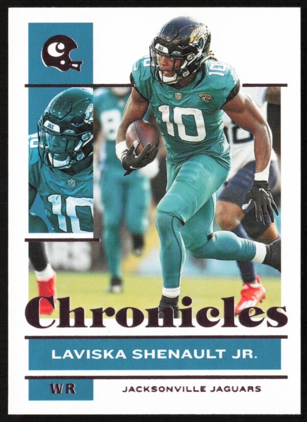 Front view of 2021 Panini Chronicles Laviska Shenault Jr. football card, dynamic action shot.