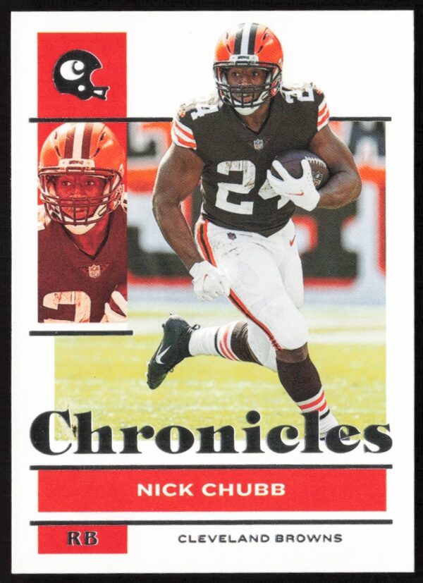 Panini Chronicles 2021 Nick Chubb card #23, featuring Cleveland Browns running back in action.