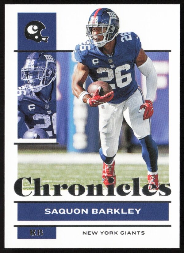 Saquon Barkley in action, 2021 Panini Chronicles Card #66, New York Giants uniform.