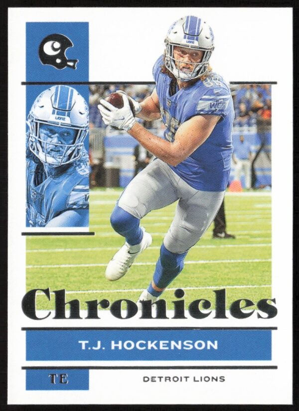 T.J. Hockenson 2021 Panini Chronicles football card #34, dynamic player image, team uniform.