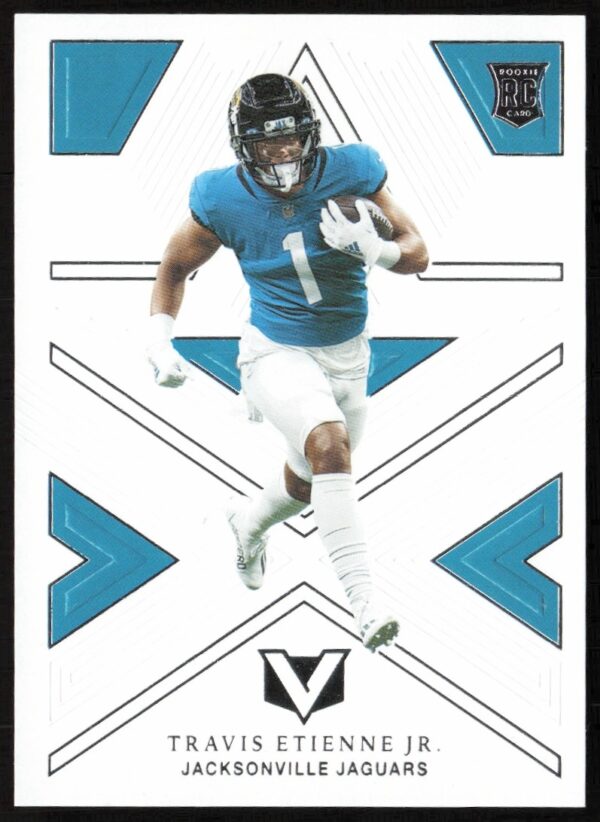 Front view of 2021 Panini Chronicles Travis Etienne Jr. Vertex Card #V-10 in action pose.