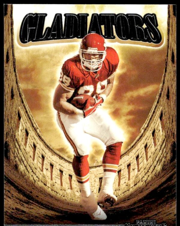 Tony Gonzalez in 2021 Panini Contenders Gladiators card, showcasing strength and action, #GLD-TGO.