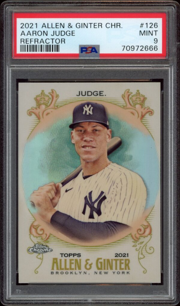 Mint 2021 Allen & Ginter Chrome card #126 featuring Yankees player Aaron Judge.
