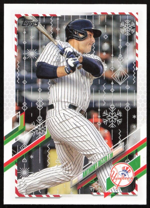 Anthony Rizzo 2021 Topps Holiday card, metallic finish, festive theme, HW124.