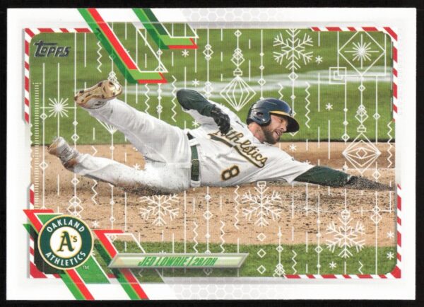 Jed Lowrie 2021 Topps Holiday Metallic card featuring festive design, numbered HW98.