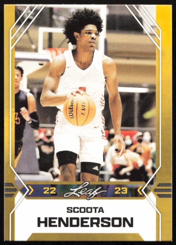 Limited edition 2022-23 Leaf Draft Scoota Henderson Gold #B-2 card front design.