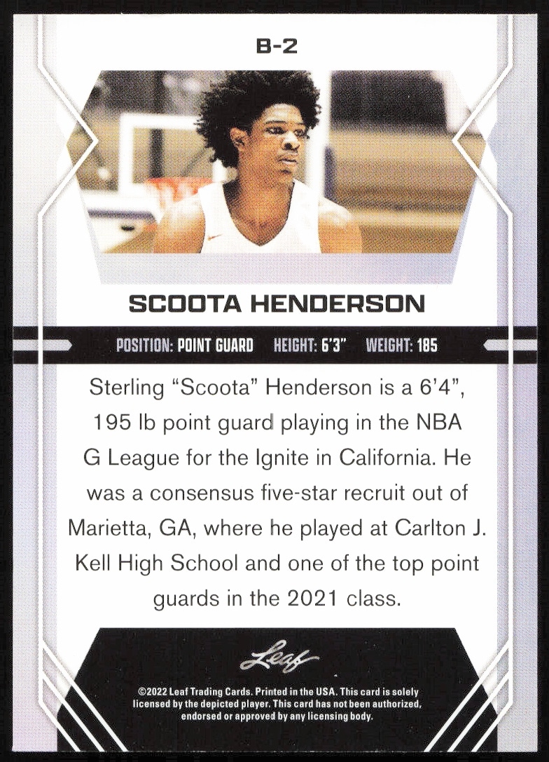 Back of Scoota Henderson 2022-23 Leaf Draft Red Card, #B-2, with career stats.