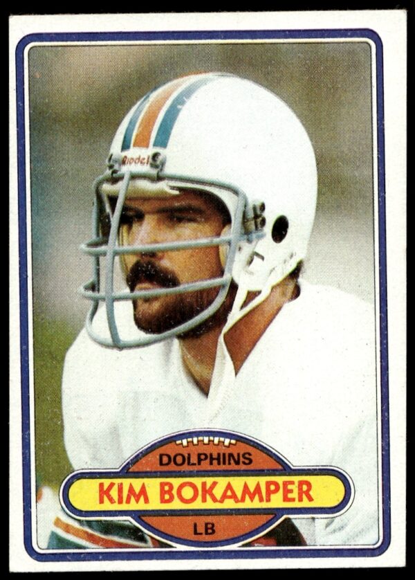 1980 Topps Kim Bokamper #361: Miami Dolphins action card featuring vintage design.