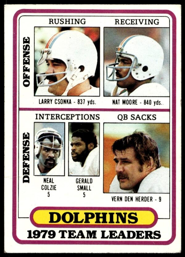 1980 Topps football card with Csonka, Moore, Colzie, Small, and Den Herder.