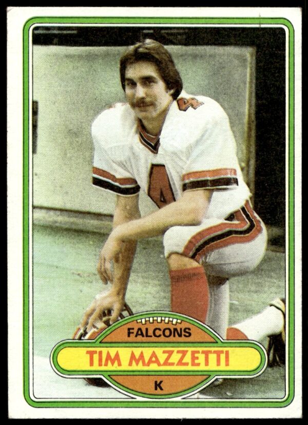 Tim Mazzetti 1980 Topps #383 football card, Atlanta Falcons, action pose.