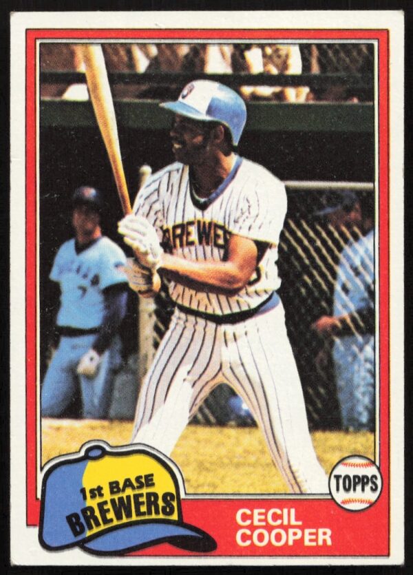 Front view of 1981 Topps baseball card featuring Cecil Cooper in Brewers uniform, card #555.