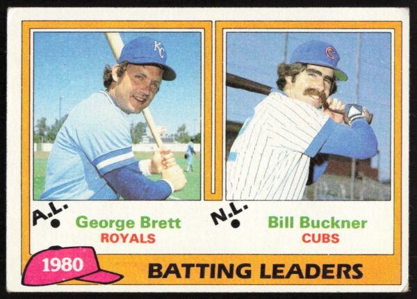 1981 Topps League Leaders card featuring George Brett and Bill Buckner, highlighting MLB achievements.