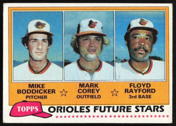 1981 Topps Future Stars card with Mike Boddicker, Mark Corey, Floyd Rayford rookie portraits.