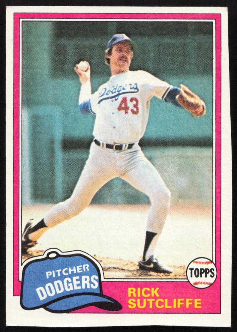 1981 Topps Rick Sutcliffe #191, Dodgers pitcher mid-pitch, vintage MLB card front.