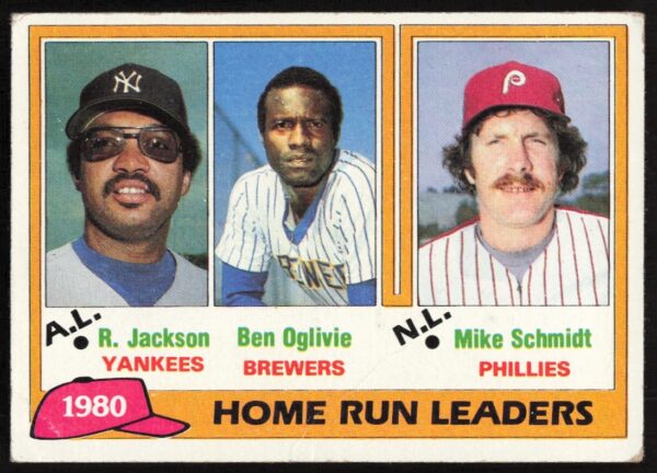 1981 Topps baseball card of League Leaders: Rickey Henderson, Ben Oglivie, Mike Schmidt.