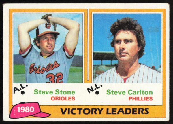 1981 Topps League Leaders Card #5 featuring pitchers Steve Stone and Steve Carlton.