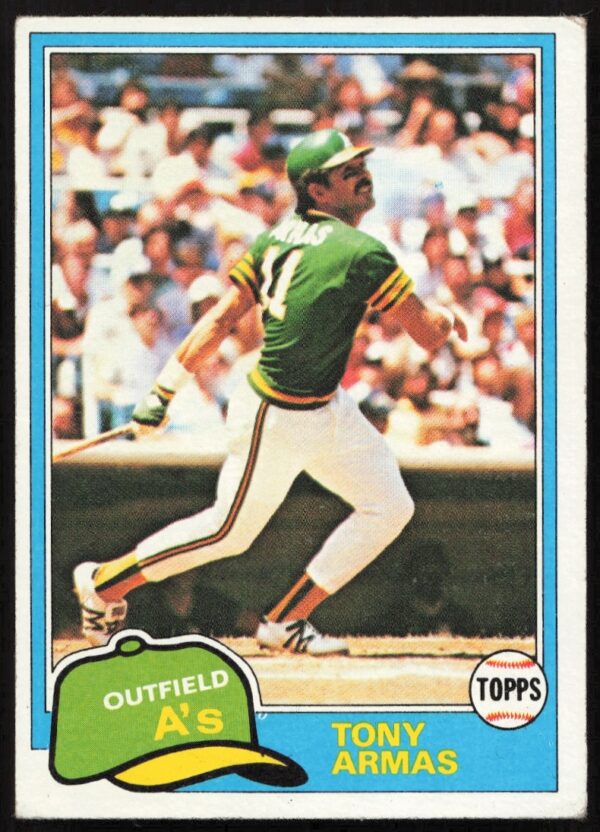 1981 Topps Tony Armas baseball card, Oakland Athletics uniform, card #629, vibrant 80s style.