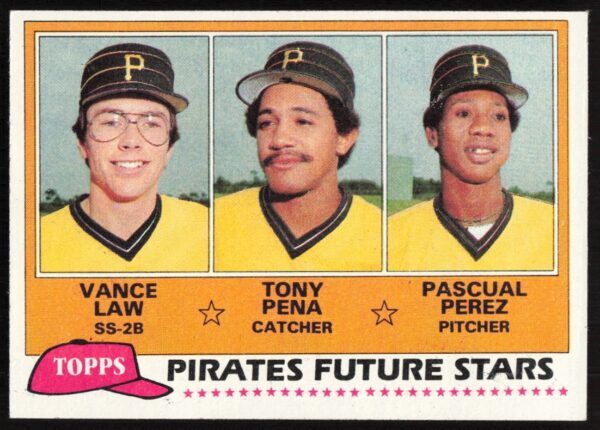 1981 Topps Future Stars card featuring rookies Vance Law, Tony Pena, Pascual Perez.